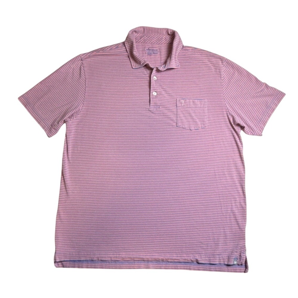 Peter Millar Mens Large Orange Blue Striped Short Sleeve Cotton Blend Shirt-2490